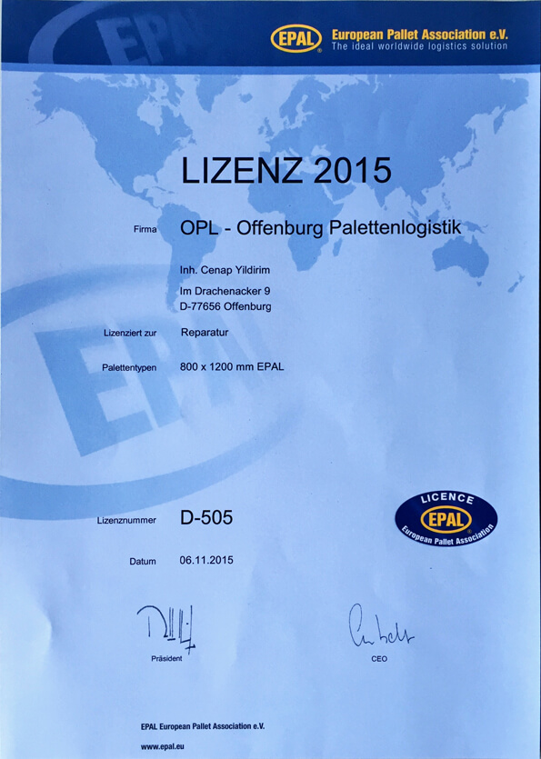 Palettenlogistik Offenburg Zertifikat
